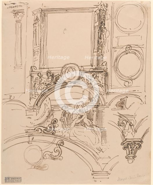 Architectural Details for a Wall Decoration with Empress Maria Theresia Embracing..., c. 1864. Creator: Moritz von Schwind.