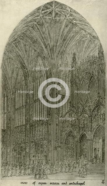 Architectural drawing: view of organ screen and antichapel, 1833-1834, (1906). Creator: AWN Pugin.