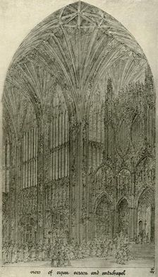 Architectural drawing: view of organ screen and antichapel, 1833-1834, (1906). Creator: AWN Pugin