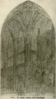 Architectural drawing: view of organ screen and antichapel, 1833-1834, (1906). Creator: AWN Pugin