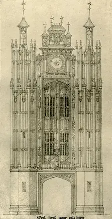 Architectural drawing: west front inner gate house, 1833-1834, (1906). Creator: AWN Pugin