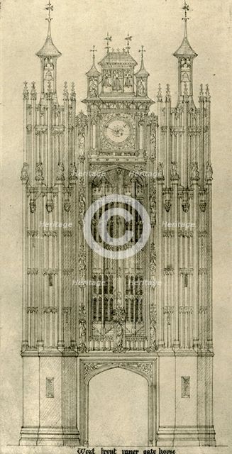 Architectural drawing: west front inner gate house, 1833-1834, (1906). Creator: AWN Pugin.