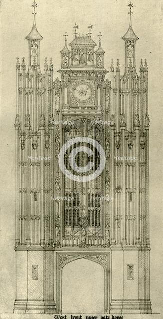 Architectural drawing: west front inner gate house, 1833-1834, (1906). Creator: AWN Pugin.