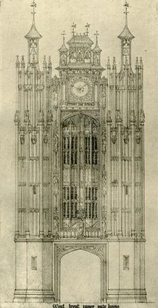Architectural drawing: west front inner gate house, 1833-1834, (1906). Creator: AWN Pugin