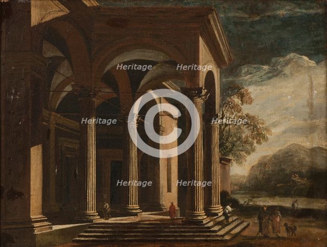 Architectural fantasy, palace in landscape. Creator: Ottavio Viviani.