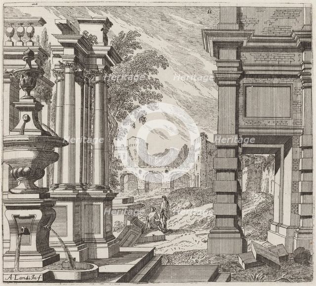 Architectural Fantasy with a Fountain, Classical Ruins, and a Bridge, before 1753. Creator: Giuseppe Antonio Landi.