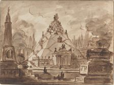 Architectural Fantasy with a Pyramidal Mausoleum, c. 1747. Creator: Charles Michel-Ange Challe