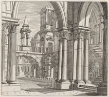 Architectural Fantasy with Buildings, Stairways, and Portals beside a Canal, before 1753. Creator: Giuseppe Antonio Landi