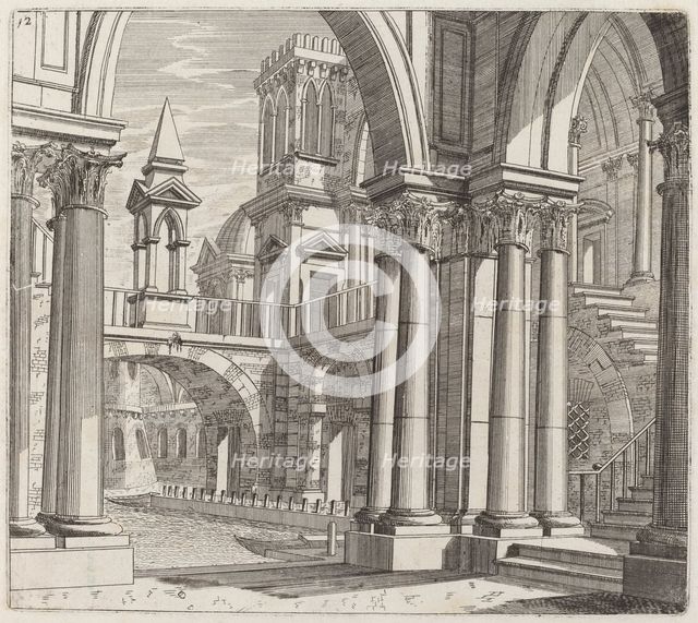 Architectural Fantasy with Buildings, Stairways, and Portals beside a Canal, before 1753. Creator: Giuseppe Antonio Landi.