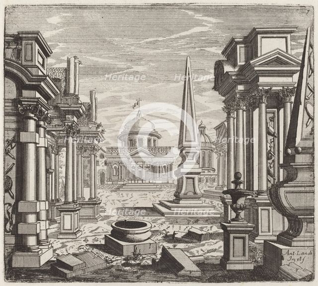 Architectural Fantasy with Obelisks, Ruins, and a Piazza, before 1753. Creator: Giuseppe Antonio Landi.