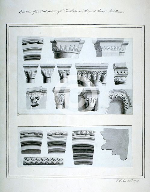 Architectural features in the Church of St Bartholomew-the-Great, Smithfield, City of London, 1789. Artist: Thomas Fisher