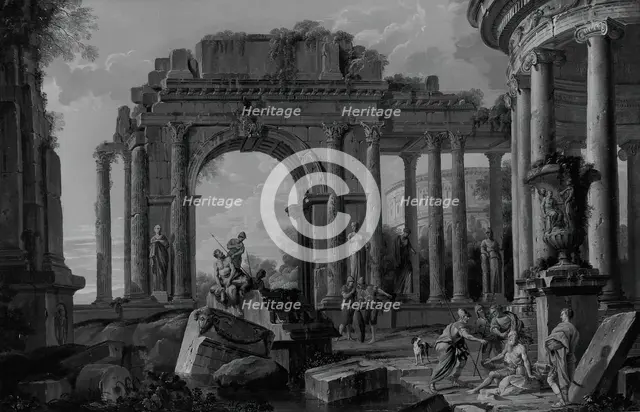 Architectural Landscape with Belisarius Receiving Alms, probably after 1760. Creator: Unknown.