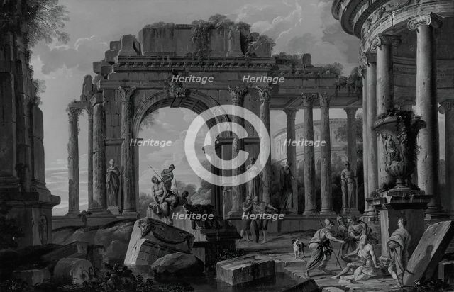 Architectural Landscape with Belisarius Receiving Alms, probably after 1760. Creator: Unknown.