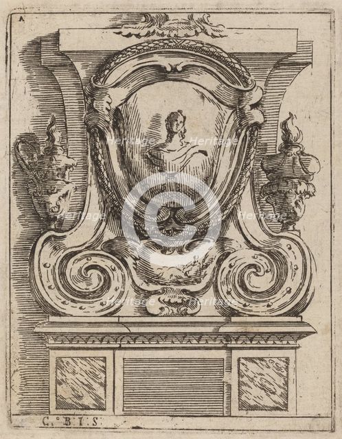 Architectural Motif with Bust and Two Lamps, c. 1690. Creator: Carlo Antonio Buffagnotti.