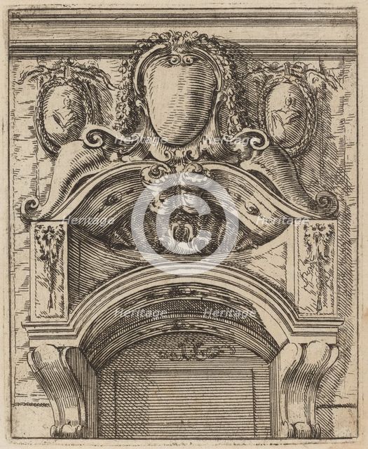 Architectural Motif with Three Shields, Two with Figures, c. 1690. Creator: Carlo Antonio Buffagnotti.