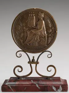 Architecture Holding Statues of Personifications of Structure, Form, and Color (Medal for the Sociét Creator: Eugène-André Oudiné