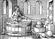 Archimedes (c287-212 BC), Ancient Greek mathematician and inventor, in his bath