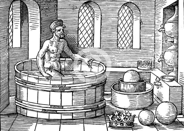 Archimedes (c287-212 BC), Ancient Greek mathematician and inventor, in his bath. Artist: Unknown