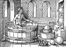 Archimedes (c287-212 BC), Ancient Greek mathematician and inventor, in his bath