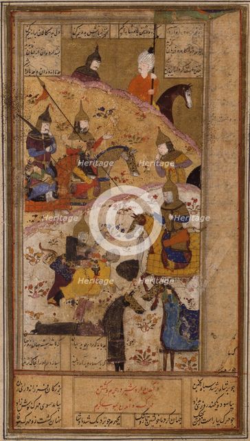 Ardashir murders the King Artabanus V of Parthia (Manuscript illumination), 16th century.