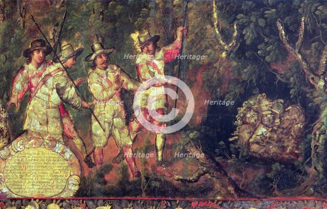  'Are four Spanish treasure and do not take' Conquest of Mexico, detail of a Painting. of 1698 co…