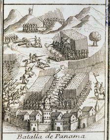 Arias de Acevedo at the forefront of Panama American Conquest, Battle of Panama (1550), engra…