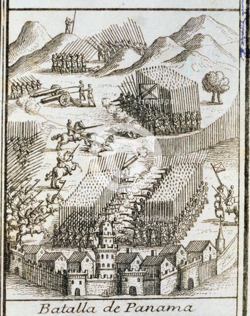  'Arias de Acevedo at the forefront of Panama', American Conquest, Battle of Panama (1550), engra…