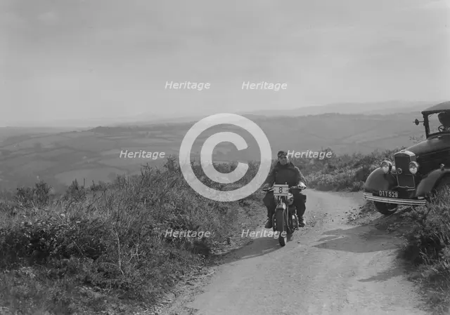 Ariel motorcycle competing in the MCC Torquay Rally, 1938. Artist: Bill Brunell.