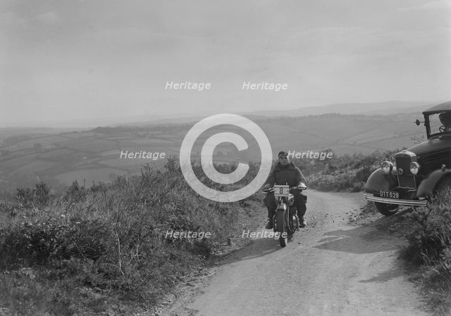 Ariel motorcycle competing in the MCC Torquay Rally, 1938. Artist: Bill Brunell.