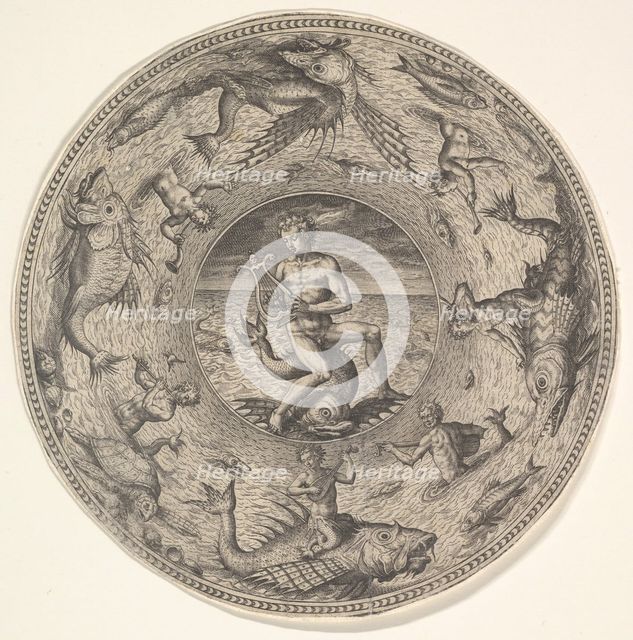 Arion on a Dolphin surrounded by a Border decorated with Sea Creatures, from a Set of..., 1580-1600. Creator: Adriaen Collaert.