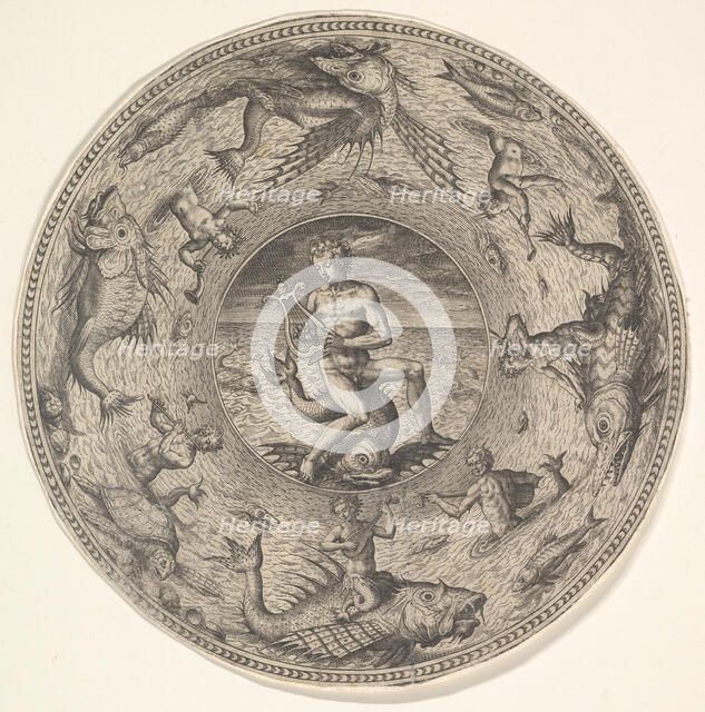 Arion on a Dolphin surrounded by a Border decorated with Sea Creatures, from a Set of..., 1580-1600. Creator: Adriaen Collaert.