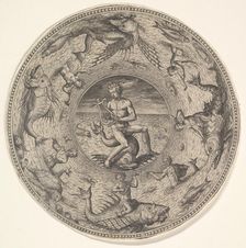 Arion on a Dolphin surrounded by a Border decorated with Sea Creatures, from a Set of..., 1580-1600. Creator: Adriaen Collaert