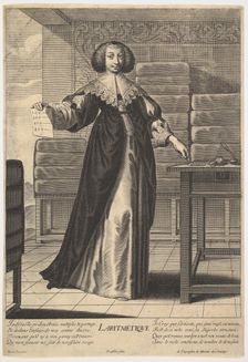 Arithmetic: a young woman standing at a table, holding a sheet with inscribed numbers i..., 1633-35. Creator: Gilles Rousselet