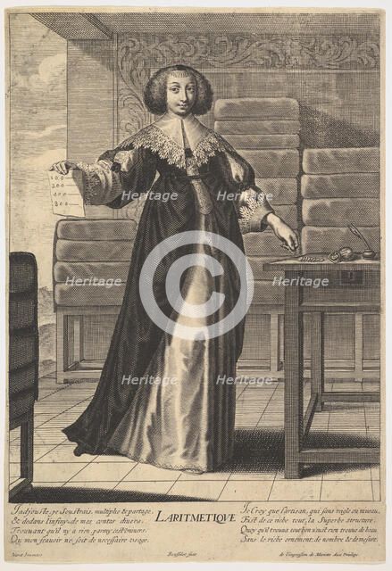 Arithmetic: a young woman standing at a table, holding a sheet with inscribed numbers i..., 1633-35. Creator: Gilles Rousselet.