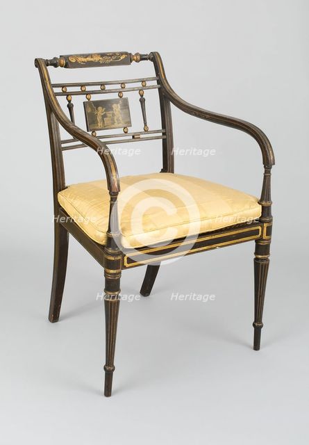 Armchair with Tablet: Putti at Vulcan's Forge, England, c. 1790/1800. Creator: John Gee.