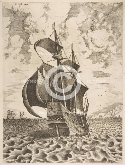 Armed Four-Master Sailing Towards a Port from The Sailing Vessels, 1561-65. Creator: Frans Huys.