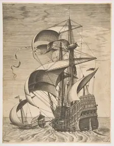 Armed Three-Master on the Open Sea Accompanied by a Galley, from the series Sailing Ves..., 1561-65. Creator: Frans Huys