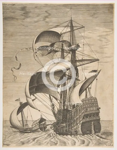 Armed Three-Master on the Open Sea Accompanied by a Galley, from the series Sailing Ves..., 1561-65. Creator: Frans Huys.