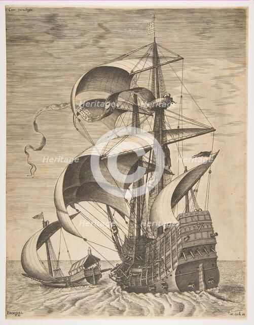 Armed Three-Master on the Open Sea Accompanied by a Galley, from the series Sailing Ves..., 1561-65. Creator: Frans Huys.
