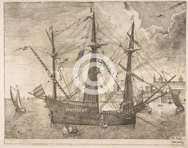 Armed Three-Master Anchored Near a City from The Sailing Vessels, ca. 1555-56. Creator: Frans Huys.
