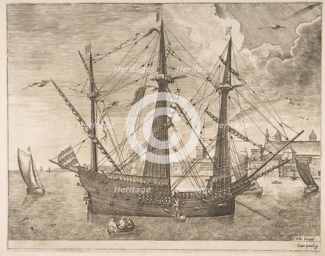 Armed Three-Master Anchored Near a City from The Sailing Vessels, ca. 1555-56. Creator: Frans Huys.