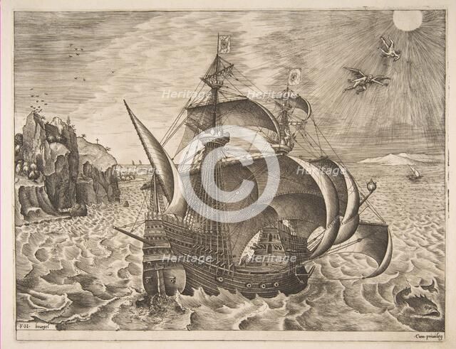 Armed Three-master with Daedalus and Icarus in the Sky from The Sailing Vessels, 1561-65. Creator: Frans Huys.