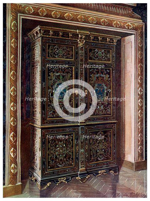 Armoire in ebony with inlays of engraved brass and white metal, 1910.Artist: Edwin Foley