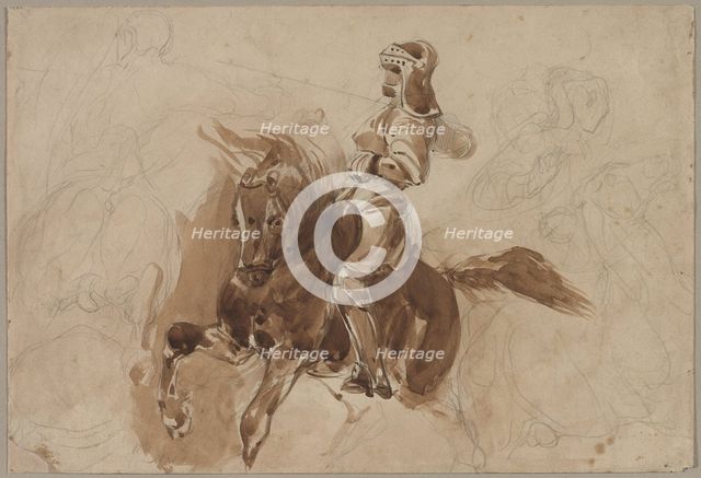 Armored Figure on Horseback (recto); Horse in Front of a Barn (verso), c. 1828. Creator: Eugène Delacroix (French, 1798-1863).
