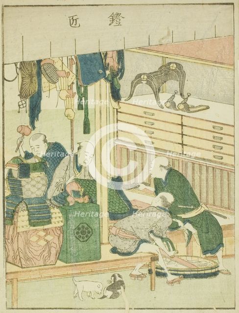 Armorer (Yoroi takumi), from the illustrated book "Picture Book of the Amusements of the..., c.1802. Creator: Hokusai.