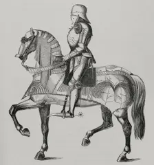 Armoured and mounted knight at war, 15th century, 1877. Creator: Unknown