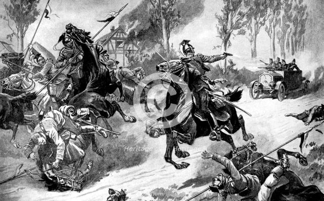 Armoured Belgian troops under attack by Uhlans, First World War, 1914. Artist: Unknown