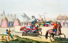 Armoured knights jousting at a tournament, 12th century, c1820