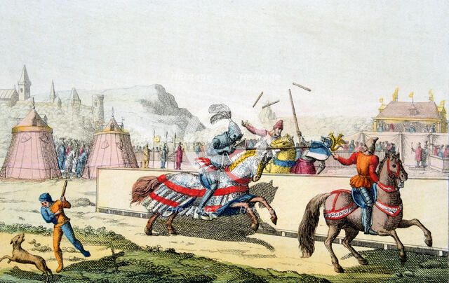 Armoured knights jousting at a tournament, 12th century, c1820. Artist: Unknown