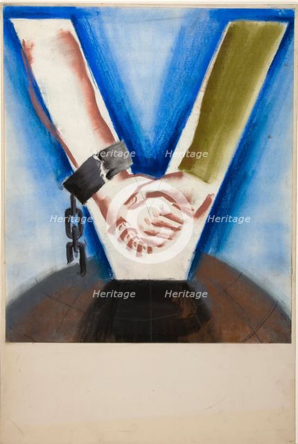 Arms with hands clasped, the arms forming a V-shape, superimposed on globe, between 1939 and 1946. Creators: Unknown, Central Office of Information.